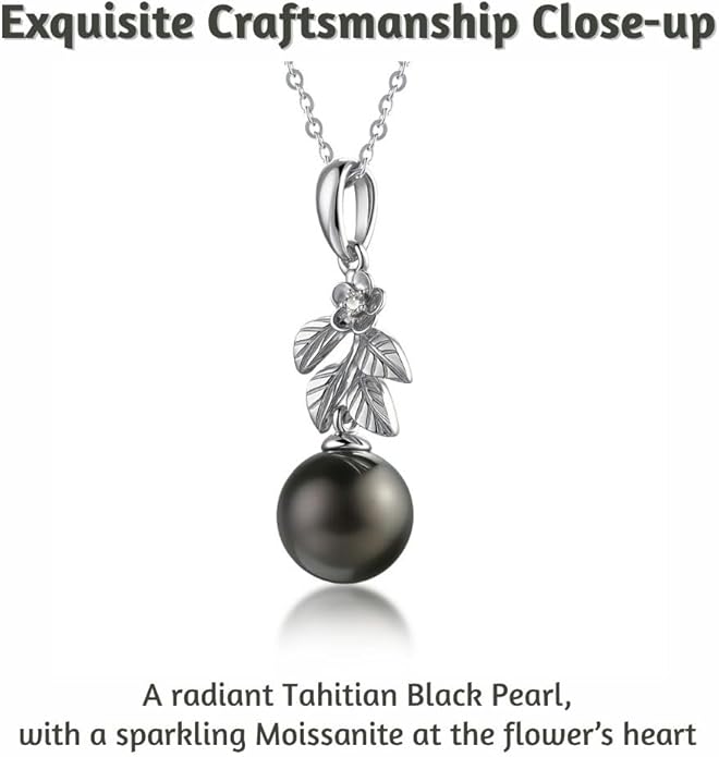 Lunar Belle Black Pearl Pendant Gift for Wife Women, 925 Sterling Silver Moissanite Setting, Fine Luxury Jewelry Graduation Birthday Girlfriend (Sea Fern Bloom)