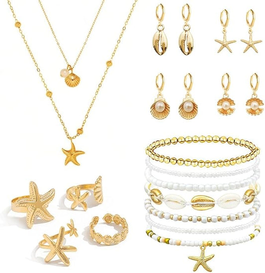 16 Pairs Starfish Jewelry Set for Women Dainty Seashell Necklace Starfish Earring Open Ring Boho Layer Charm Necklace Summer Beach Bracelets and Natural White Anklet Set Trendy Beachy Vacation Accessories Gift