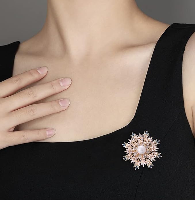 14K Gold Handmade Snowflake Brooch, Adorned with Natural Pearls and Moissanite, Sophisticated Women's Jewelry, Perfect Birthday and Special Occasion Gift