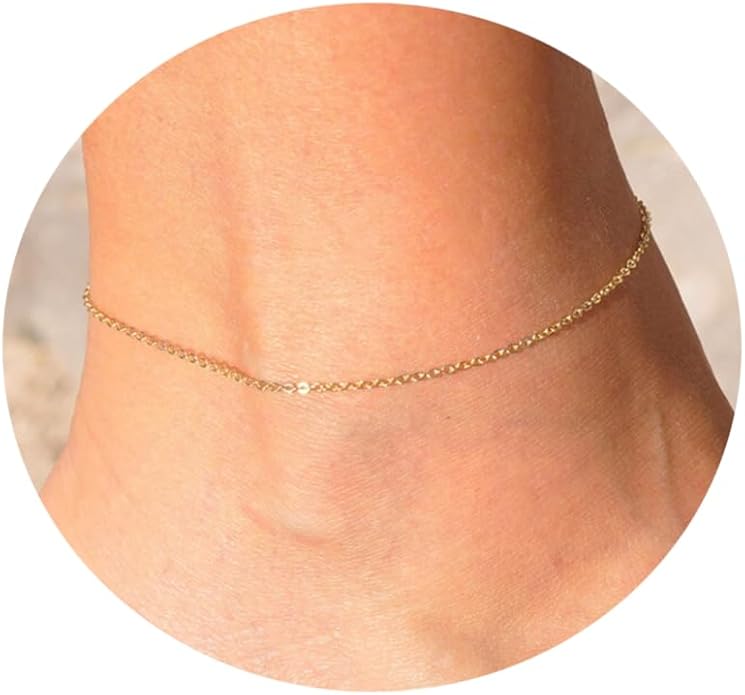 Ankle Bracelets for Women Dainty 18K Gold Plated Anklet Waterproof Round Beaded Paperclip Herringbone Pearl Chain Anklets Waterproof Beach Foot Jewelry