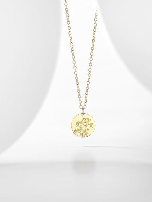 Birth Flower Necklace, 14K Gold Plated Floral Pendant Necklaces for Women, Simple Dainty Birth Month Flower Necklace, Birthday Jewelry for Women - 12 Month