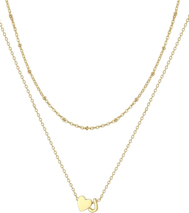 FOCALOOK Layered Initial Necklace for Women, 14K Gold Plated Choker Necklaces Stacks with Initial A-Z, Dainty Silver Heart Pendant Necklace Personalized Birthday Women Jewelry