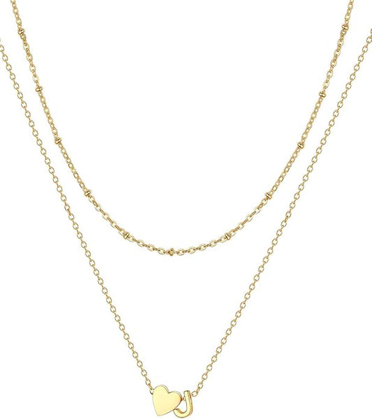 FOCALOOK Layered Initial Necklace for Women, 14K Gold Plated Choker Necklaces Stacks with Initial A-Z, Dainty Silver Heart Pendant Necklace Personalized Birthday Women Jewelry