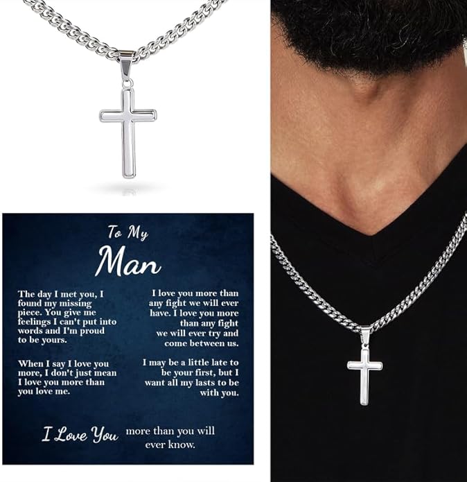 SUTERY Cross Cuban Chain Necklace - Promise Necklace for Him, Necklace for Boyfriend, Mens Necklace for Fiance, Valentine's Day