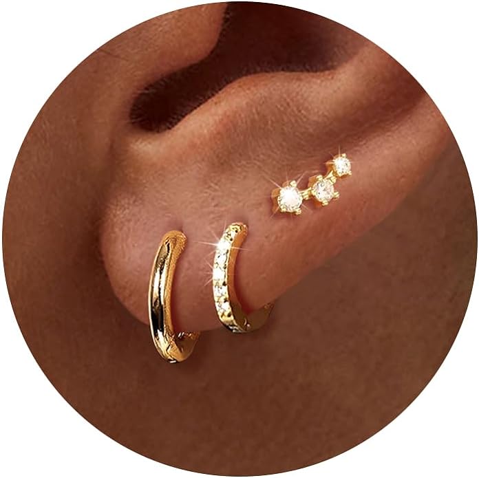 Freekiss 3 Pairs Gold Hoop Earrings Set: Dainty Stud Earrings Trendy Small 14K Gold Plated Hypoallergenic Dangle Cartilage Huggie Hoop Earrings for Women Gold Jewelry for Women Gifts