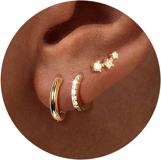Freekiss 3 Pairs Gold Hoop Earrings Set: Dainty Stud Earrings Trendy Small 14K Gold Plated Hypoallergenic Dangle Cartilage Huggie Hoop Earrings for Women Gold Jewelry for Women Gifts
