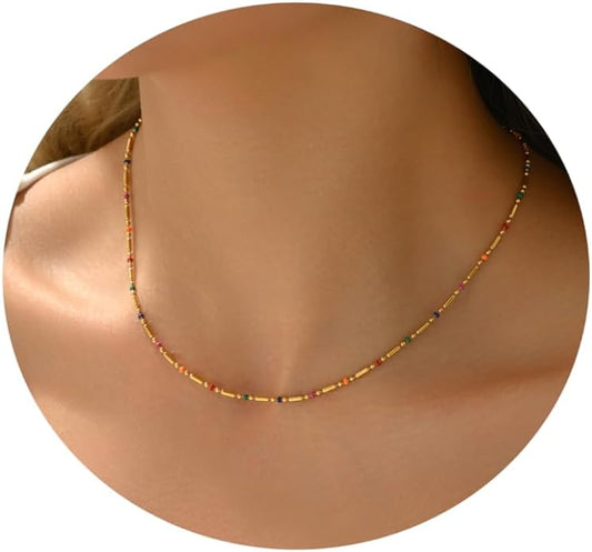 Gold Chain Necklace for Women Dainty 18K Gold Plated Thin Satellite Beaded Turquoise Necklace Simple Gold Boho Jewelry