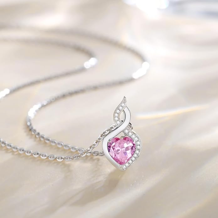 FANCIME 14K Solid White Gold Heart Birthstone Necklace with Diamond Pendent Birthday Gifts for Mom Women, Sterling Silver Chain 16" + 2" Extender