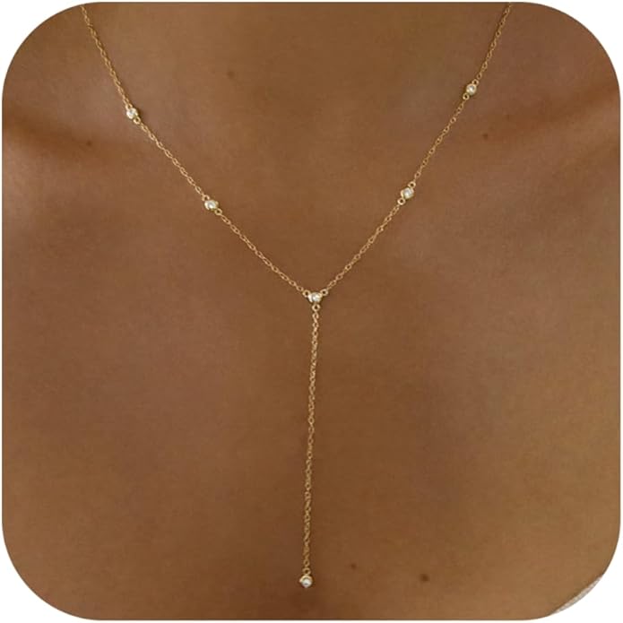 Gold Necklace for Women, Dainty Gold Long Necklaces 14k Gold Plated Prom Bar CZ Lariat Necklace Simple Choker Necklaces for Women Trendy Boho Fashion Costume Jewelry Womens