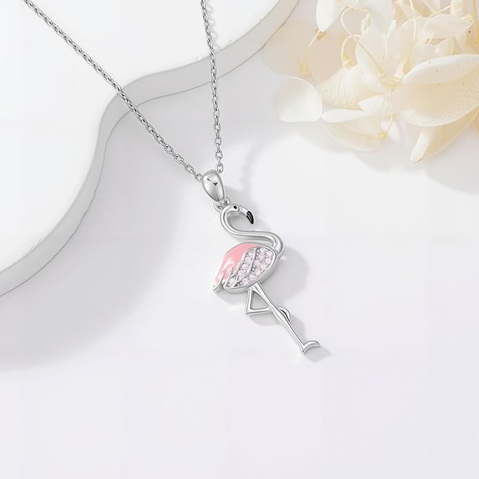 JUSTKIDSTOY Flamingo Necklace 925 Sterling Silver Animal Pendant with Cubic Zirconia Flamingo Bird Necklace Gifts for Women Wife Girlfriend