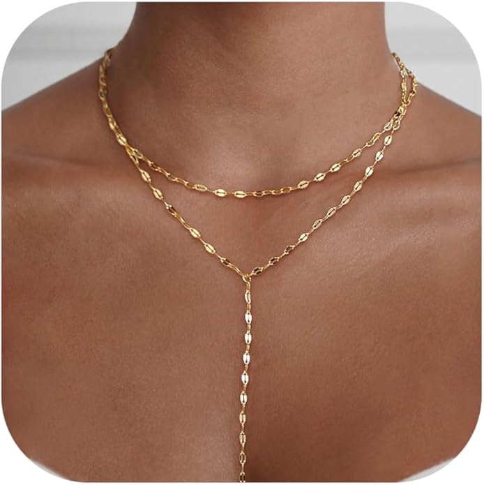 Gold Necklace for Women, Dainty Gold Long Necklaces 14k Gold Plated Prom Bar CZ Lariat Necklace Simple Choker Necklaces for Women Trendy Boho Fashion Costume Jewelry Womens