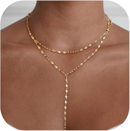 Gold Necklace for Women, Dainty Gold Long Necklaces 14k Gold Plated Prom Bar CZ Lariat Necklace Simple Choker Necklaces for Women Trendy Boho Fashion Costume Jewelry Womens