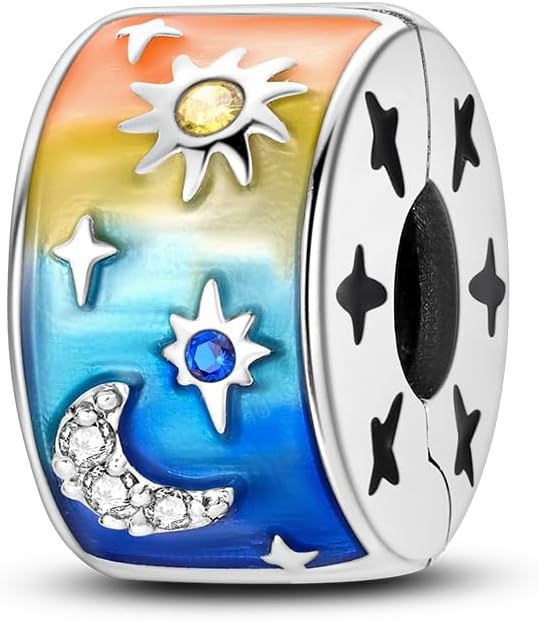 Parmuz Clip Spacer Charm for Bracelet 925 Sterling Silver Pave Cubic Zirconia Lock Stopper Bead Star Moon Evil Eye Jewelry Charm for Woman