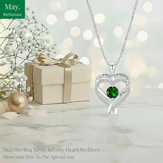 Birthstone Infinity Heart Necklace for Women Wife Girlfriend Mom Daughter Gifts S925 Silver Jewelry For Anniversary Rose Gold Gifts For Birthday Christmas Mothers Valentines Day