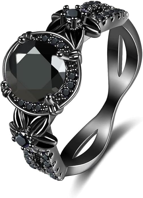 Gothic Black Rings for Women, Mystic Rainbow Topaz with Created Amethyst Flower Goth Black Gold Wedding Engagement Ring Size 6 to 11