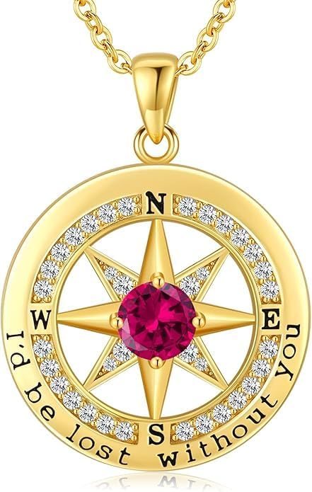 Compass Necklace for Women Wife Girlfriend Mom Daughter Gifts S925 Silver Jewelry For Anniversary Rose Gold Gifts For Birthday Christmas Mothers Valentines Day 12 Birthstones