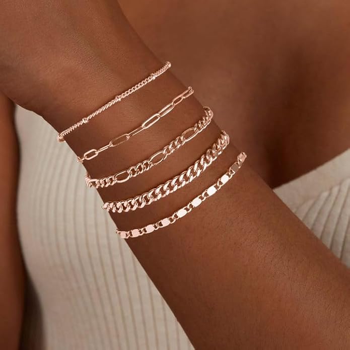 Gold Bracelets for Women Trendy,14K Gold Plated Dainty Stackable Paperclip Cuban Link Chain Bracelets, Simple Cute Cuff Bracelets Jewelry Set Adjustable 7"+2"