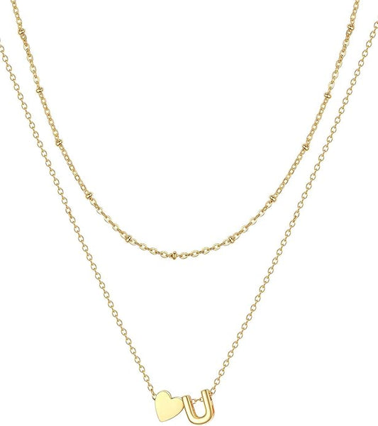 FOCALOOK Layered Initial Necklace for Women, 14K Gold Plated Choker Necklaces Stacks with Initial A-Z, Dainty Silver Heart Pendant Necklace Personalized Birthday Women Jewelry