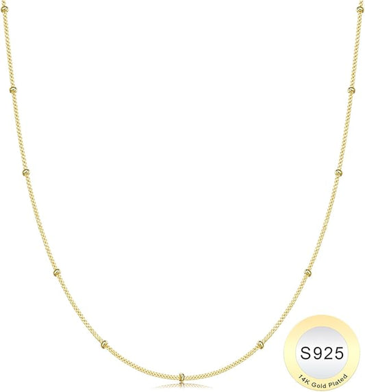 IEFWELL S925 Sterling Silver Chain Necklace for Women - 14K-Real-Gold-Plated 1.5mm Satellite Bead Chains Necklace, Hypoallergenic Sturdy Women's Chain Necklaces, 14/16/18/20/22/24 Inches Jewelry Gifts