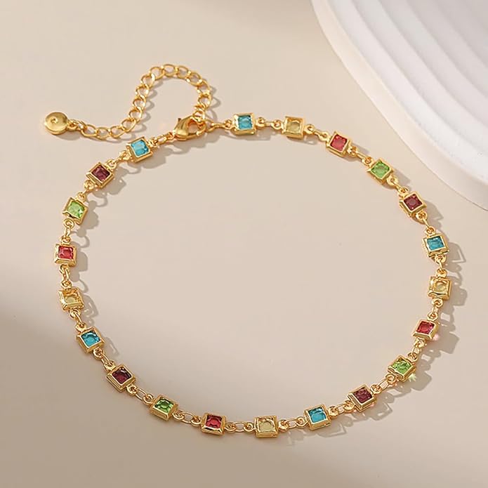 18K Gold Plated Anklet for Women Multicolor Crystal Ankle Bracelets Boho Adjustable Chain Anklets