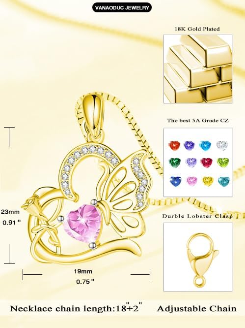 Birthstone Heart butterfly Necklace for Women, Infinity Pendant 14K Gold /18K White Gold Womens Necklaces, Jewelry Anniversary Birthday Christmas Gifts for Her Mom Wife﻿