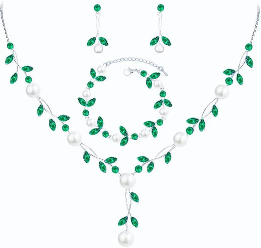 Luxury Cubic Zirconia Aurtrian Crystal Pearl Floral Necklace Dangle Earrings Wedding Bridal Jewelry Set Birthday Gifts for Her