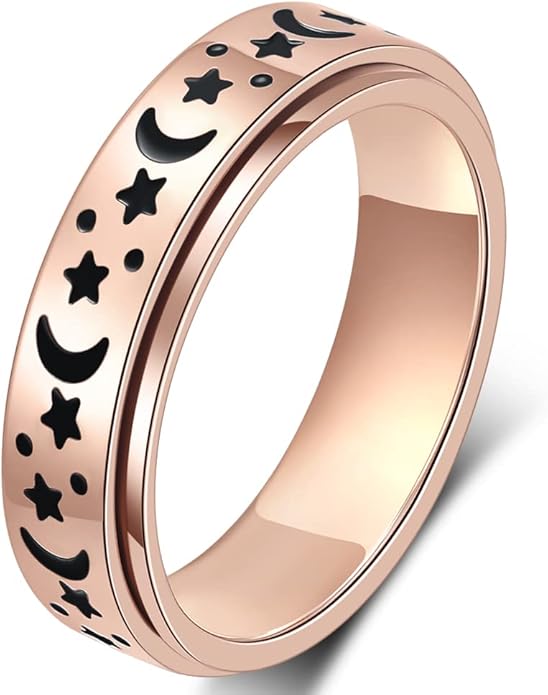 AmorArtSky Anxiety Ring for Women Men, Titanium Stainless Steel Spinner Ring, 5 Colors, 6MM, Size 6-10, 3 Styles Anxiety Ring-Moon Star, Sandblasted Finished, Hollow Outer