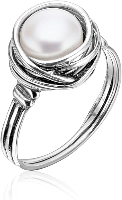 JEAN RACHEL JEWELRY 925 Sterling Silver Ring with Fresh Water Pearl Wire Wrap Vintage Design - Hypoallergenic, Nickel & Lead-free - Artisan Handcrafted Statement Rings for Women