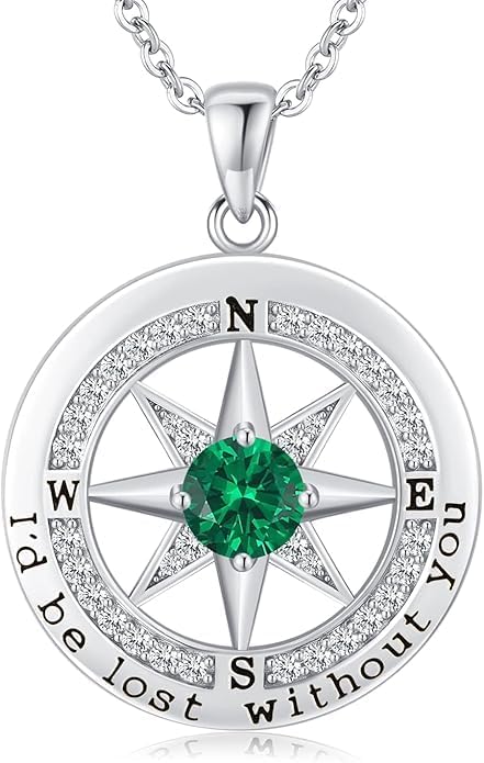 Compass Necklace for Women Wife Girlfriend Mom Daughter Gifts S925 Silver Jewelry For Anniversary Rose Gold Gifts For Birthday Christmas Mothers Valentines Day 12 Birthstones