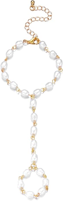 BELLA-Bee Gold Hand Chain Bracelet for Women Dainty Adjustable Gold Ring Bracelet Hand Chain Trendy Pearl Finger Bracelet Cubic Zirconia Hand Jewelry Fashion Body Chain Accessories