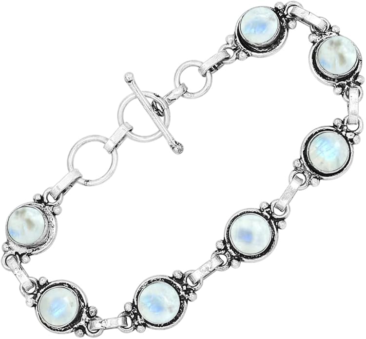 Round Shape Natural & Synthetic Gemstones Silver Plated Bracelets for Women - Vintage Bohemian Style Handmade Birthstone Adjustable Link Bracelet Jewelry Gifts for Wedding Anniversary Mother's Day