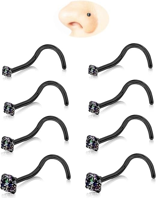 Nose Rings Studs: 8Pcs 20G Gold/Silver 316L Surgical Stainless Steel Nose Studs Hypoallergenic Corkscrew Nose Piercing Stud Jewelry for Women Men Clear Cubic Zirconia Imitation Diamond Top Size 1.5mm 2mm 2.5mm 3mm