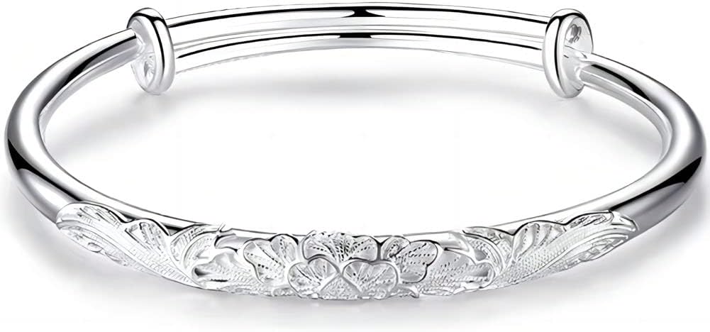 S925 Silver Bangle Bracelet for Women, Elegant Women‘s Sterling Silver Bracelet Bangle Adjustable 6.4-7.8 inches Small Size