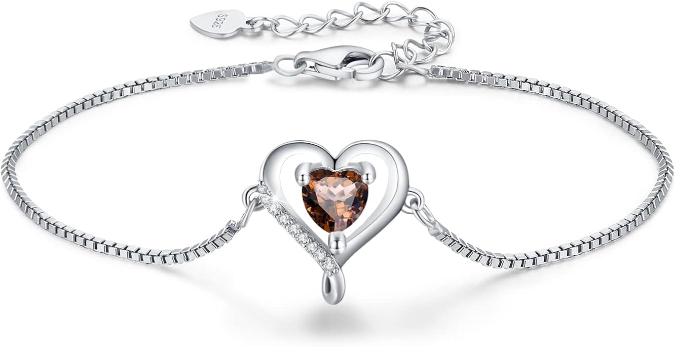 LAVUMO Love Heart Bracelets for Women 925 Silver Charm Birthstone Bracelet Adjustable Anniversary Birthday Jewelry Gifts for Women Girlfriend Wife Daughter Mom Her