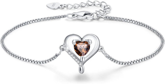 LAVUMO Love Heart Bracelets for Women 925 Silver Charm Birthstone Bracelet Adjustable Anniversary Birthday Jewelry Gifts for Women Girlfriend Wife Daughter Mom Her