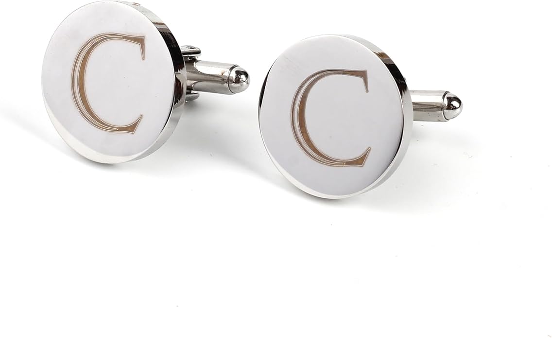 Mens Initial Silver Cufflinks A-Z Alphabet Letter Steel Cuff Links with Engraved Walnut Wood Box Groom Groomsman Wedding Set…
