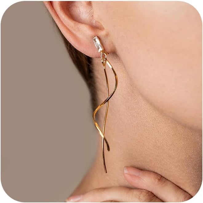 Moodear Dangle Earrings 14K Gold Plated Chain Earrings for Women Trendy Dainty Hypoallergenic Long Chain Drop Tassel CZ/Pearl Earrings Wedding Jewelry Gift