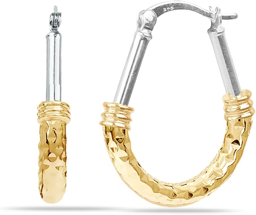 LeCalla 925 Sterling Silver Hoop Earrings | Italian Design Classic Diamond-Cut Textured Earring Hoops | Women's Drop Shape Oval Hoop Earring Jewelry for Women