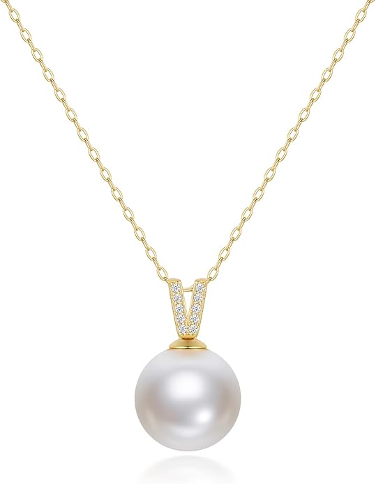Mameloly Pearl Necklaces for Women Trendy 925 Sterling Silver Dainty V CZ Pendant 10MM/12MM Single Simulated White Pearl Choker Necklace for Women Wedding Cute Jewelry