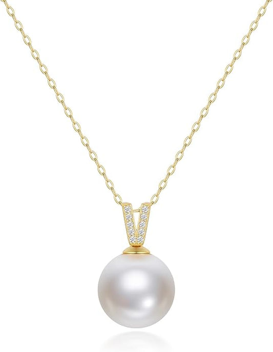 Mameloly Pearl Necklaces for Women Trendy 925 Sterling Silver Dainty V CZ Pendant 10MM/12MM Single Simulated White Pearl Choker Necklace for Women Wedding Cute Jewelry