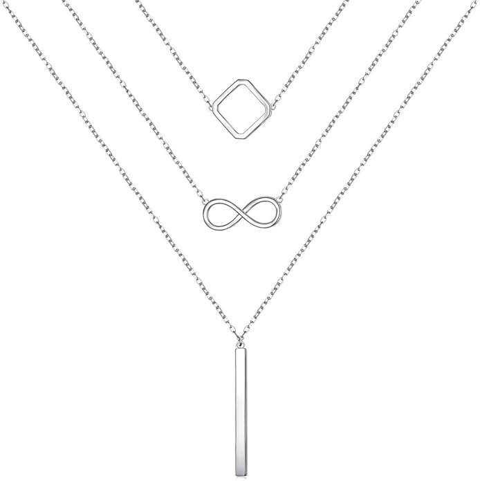 S925 Sterling Silver Layered Necklaces Multi 3 Layer Circle Bar Boho Long Triple Choker Pendant Necklace Jewerly Gift for Women