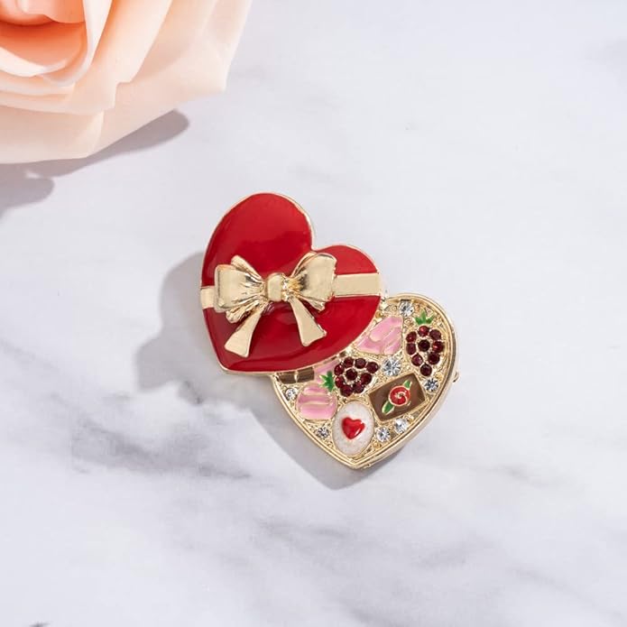 MADISON TYLER Valentines Day Heart Gift Box Brooch | Chocolate Gift Box Pave Rhinestone Heart | Gold Bow Brooch Jewelry for Her | Couples Gifts for Backpacks Valentine's Day