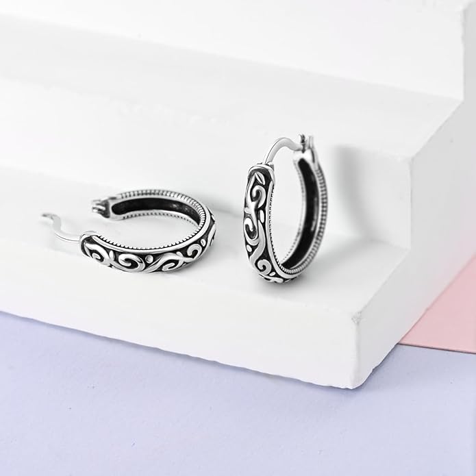 Hapour Vintage Filigree 925 Sterling Silver Oval Small Hoop Earrings for Women Fashion Flower Dainty Huggie Hoops Hypoallergenic Trendy Jewelry Birthday Gifts for Her