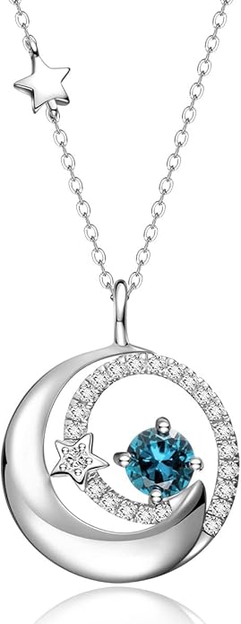 FANCIME Birthstone Necklaces 925 Sterling Silver Moon and Star Pendant Fine Jewelry Birthday Christmas Gifts for Mom Wife Her Daughter, Adjustable Chain 16+2"