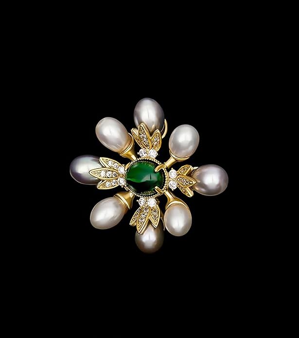14K Gold Handcrafted Emerald Brooch with Moissanite and Freshwater Pearls - Vintage Style Floral Corsage, Fashion Coat Accessory Gift