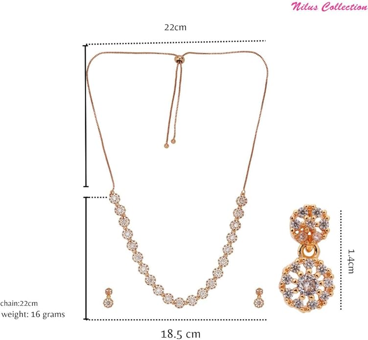 Nilu's Collection Rose Gold Plated American Diamond Stone Studded Anti Tarnish Jewellery Set for Women with Earrings| Luxury AD Necklace Gift Set for Women| Anti Tarnish| For Special Ocassion