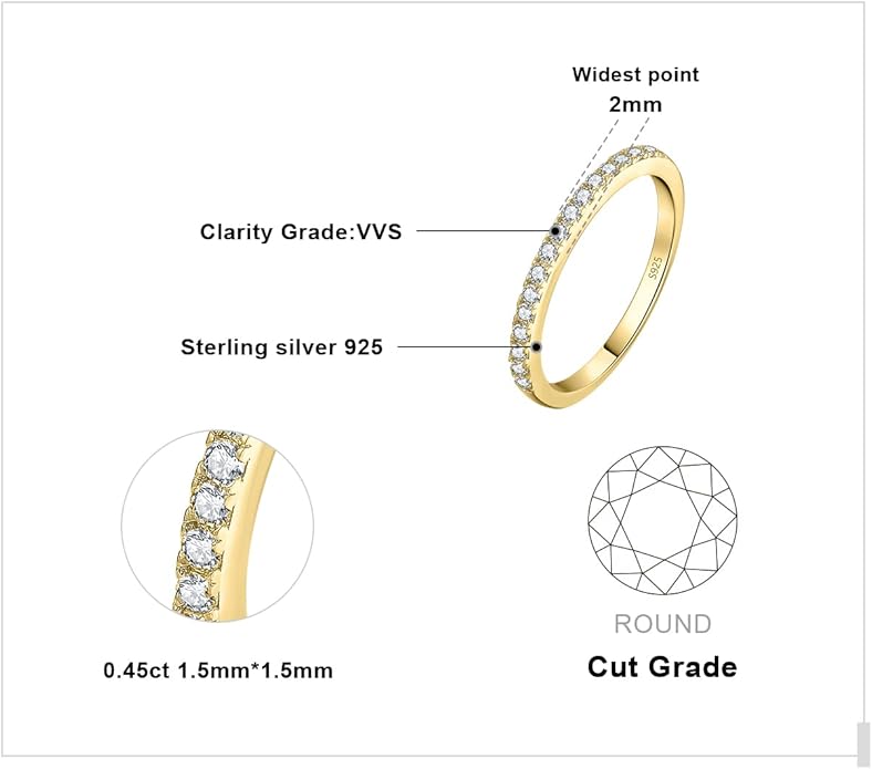 JewelryPalace 6 Stone Cubic Zirconia Half Eternity Stackable Wedding Rings for Women, 14K White Yellow Rose Gold Plated 925 Sterling Silver Promise Rings for Her, Simulated Diamond Wedding Band Ring