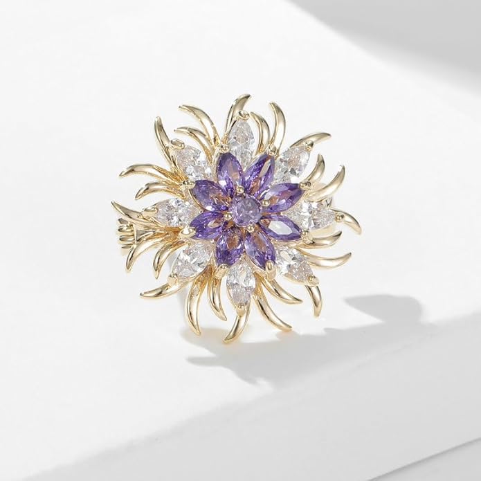 14K Gold Purple/Blue/White Flower Brooch for Women, Small Suit Outerwear Decoration, Crystal Gemstone Brooch for Her