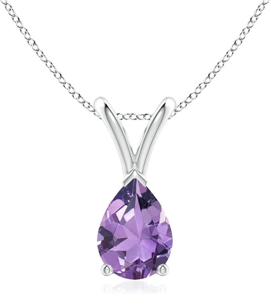 Angara Natural Amethyst Solitaire Pendant for Women | V-Bale Pear-Shaped Amethyst Solitaire Pendant in 14K Solid Gold/Silver/Platinum | February Birthday, Anniversary, Gemstone Jewellery Gift