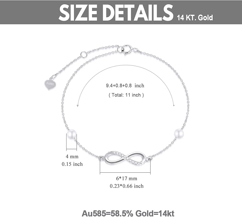 14k Gold Natural Diamond Infinity Anklets for Women, Real Gold Pearl Jewelry Ankle Bracelet Gifts for Her, 9.4-11 Inch